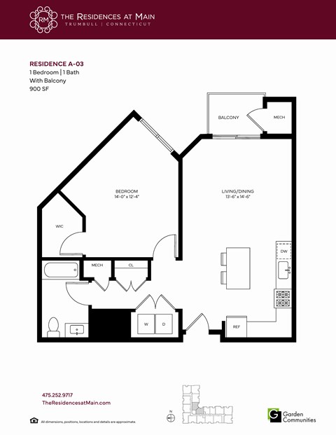 Floor plan for 1 bed, 1 bath, 900 sqft